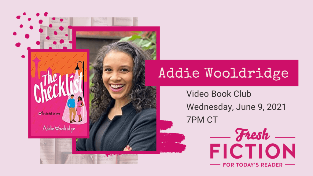 A fly for the Fresh Fiction Book Club featuring a picture of Addie Woolridge and the cover of the novel The Checklist