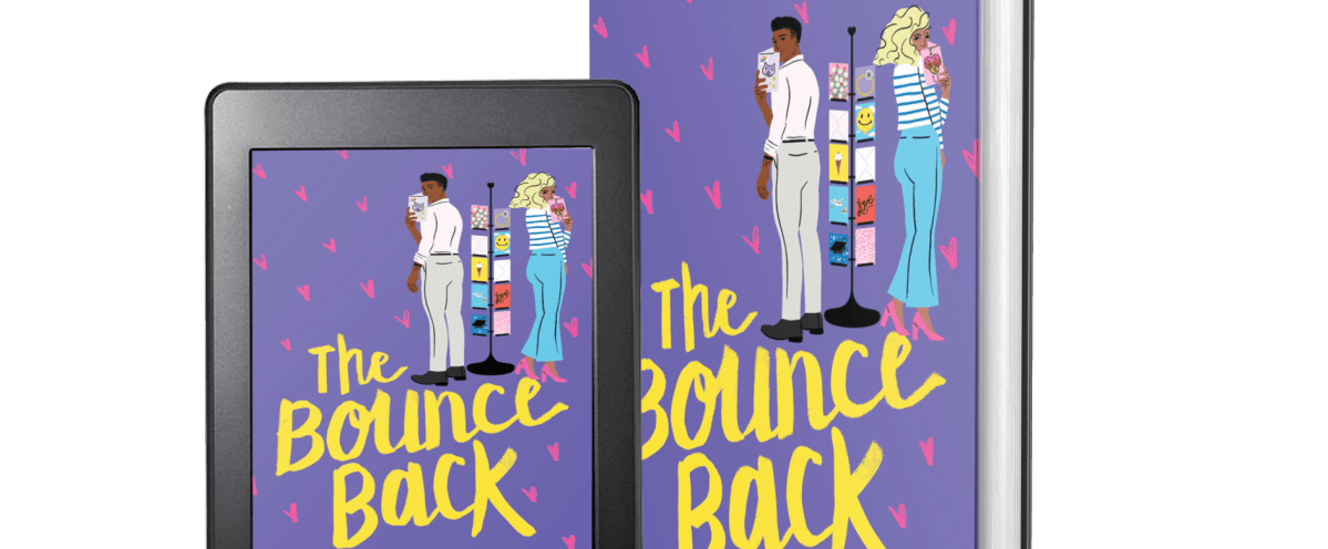 Cover of The Bounce Back. [Alt text: Picture of the cover of The Bounce Back, which is purple with pink hearts in the background. The title is in a yellow script font. A man and a woman are both holding greeting cards and looking over their shoulder and standing on either side of a card rack.
