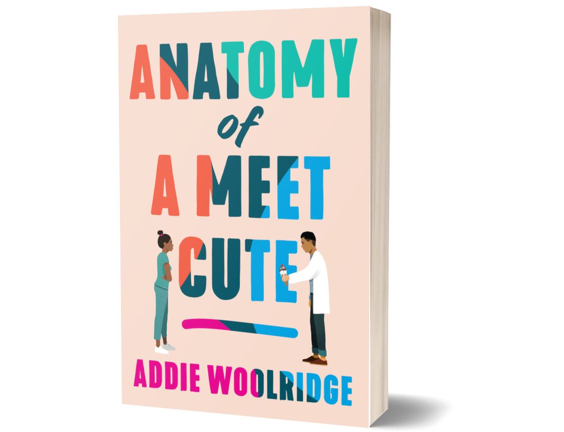 Cover of Anatomy of a meet cute. The background is a soft pink and the text is a tie-dye color with two people standing on the front. The woman is in green scrubs and has her arms crossed. The man is in a white coat and is holding an ice cream cone.